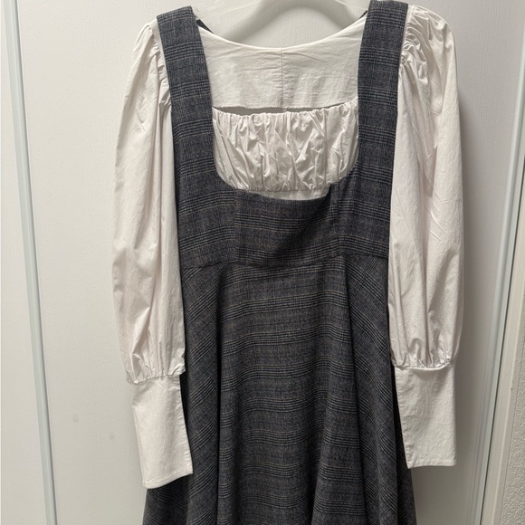 Gray Plaid Pinafore Dress with White Blouse - Picture 2 of 2